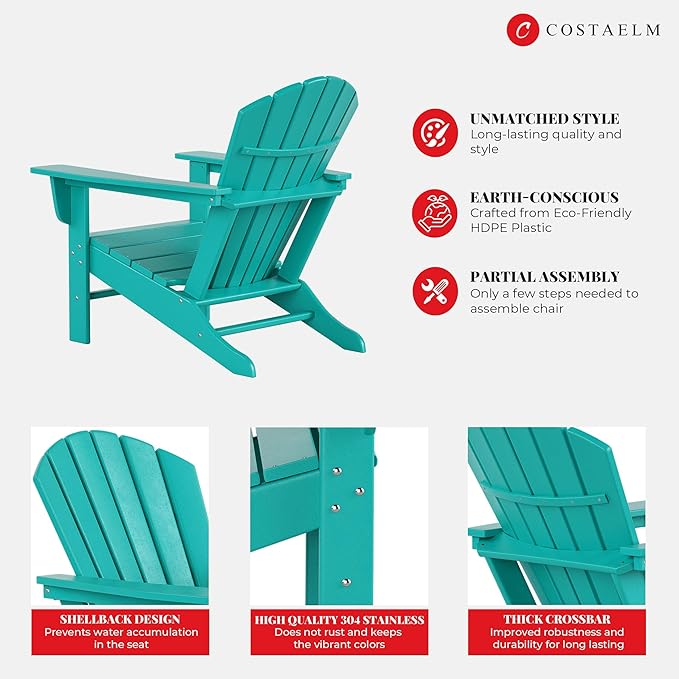 Costaelm Outdoor Adirondack Chair, HDPE Patio Chair, Weather Resistant Lawn Firepit Outside Chairs for Porch, Poolside, Garden, Backyard Deck, Turquoise