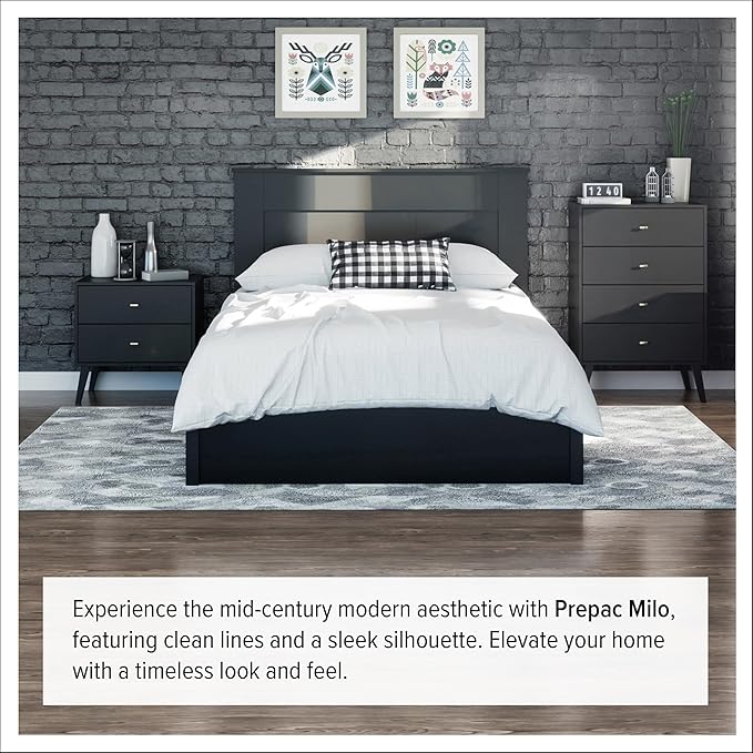 Prepac Milo Mid-Century Modern 2 Drawer Nightstand, Bedside Table, Contemporary Bedroom Furniture, 16"D x 25"W x 25"H, Black
