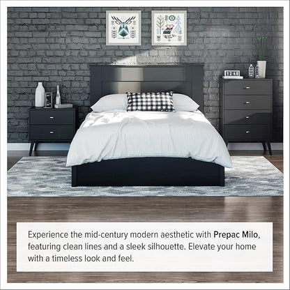 Prepac Milo Mid-Century Modern 2 Drawer Nightstand, Bedside Table, Contemporary Bedroom Furniture, 16"D x 25"W x 25"H, Black