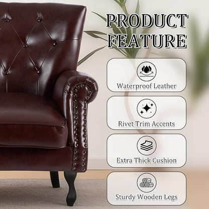 Modern Accent Chair Set of 2, Mid-Century PU Leather Armchair with Solid Wood Legs, Single Sofa Chair for Living Room, Bedroom, Leisure Room, or Reading Room(Reddish Brown)