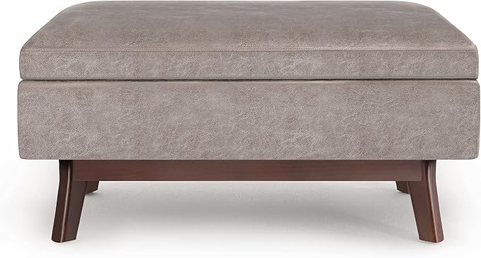 SIMPLIHOME Owen 36 inch Wide Mid Century Modern Small Rectangular Storage Ottoman in Distressed Grey Taupe Vegan Faux Leather, Assembled, For the Living Room, Entryway and Family Room