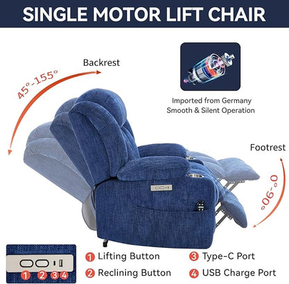 Power Lift Recliner Chair, 350lb Capacity with 8-Point Massage & Heating, USB/Type-C Ports & Cup Holders, Heavy Duty Chenille Recliner for Elderly, Blue