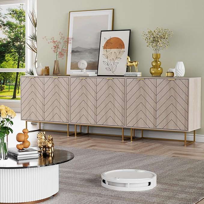 Scurrty 31.5" 3-Piece Sideboard Buffet Cabinet Set, Natural Log Color with Doors & Adjustable Shelves, Storage Cabinet for Living Room & Kitchen