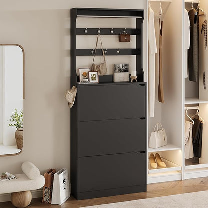Tall Shoe Cabinet with Coat Rack, Hidden Shoe Storage Cabinet with Doors & Drawer, Hanging Bar & Hooks, Slim Narrow Freestanding Shoe Rack Organizer for Entryway, Hallway & Living Room, Black