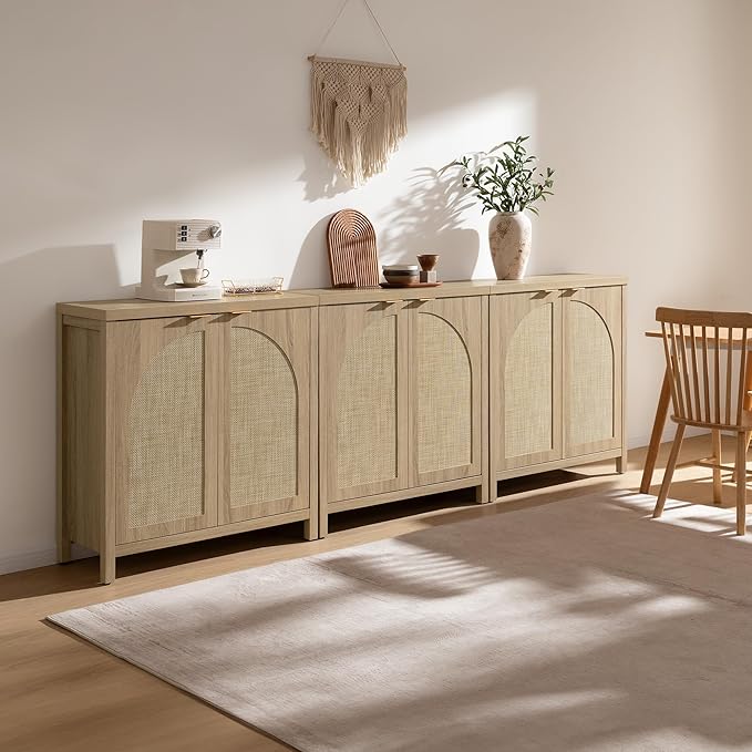 SICOTAS 68" W Rattan Sideboard Buffet Cabinet with Storage Set of 2, Mid Century Modern Credenza with Arch Doors & Shelves Boho Coffee Bar Media Console Cabinets for Kitchen, Living Room, Entryway