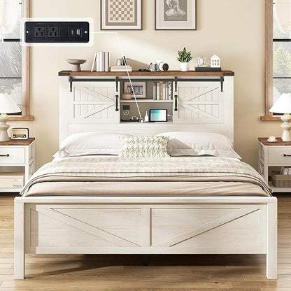 AMERLIFE Farmhouse Queen Bed Frame with Storage Headboard & Charging Station, Rustic Wood Platform Bed with Barn Door Bookcase, No Box Spring Needed, Antique White Bedroom Furniture
