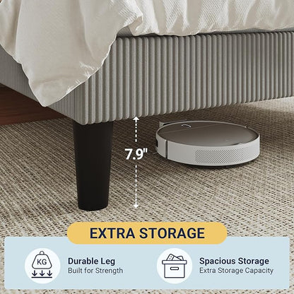 Allewie Full Size Upholstered Bed Frame with Vertical Channel Tufted Headboard, Soft Corduroy Fabric Platform Bed, Strong Wooden Slats Support, Easy Assembly, No Box Spring Needed, Light Grey