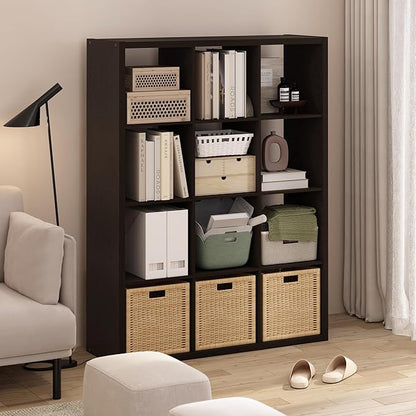 Furinno Cubicle Book Shelf, 12-Cube Thick Frame Bookshelf, Reversible Bookcase with Open Back, 14.6 x 43.8 x 58, for Living Room, Bedroom, Home Office, Black Dark Oak