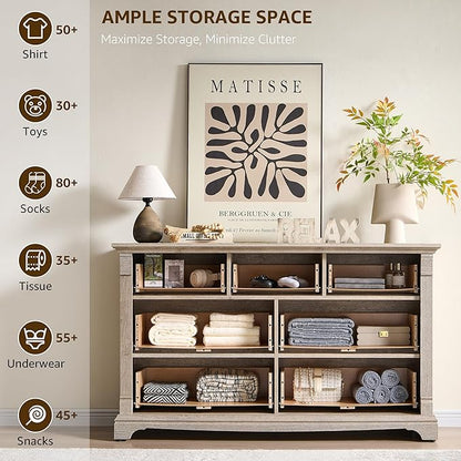 T4TREAM Farmhouse 7 Drawers Dresser for Bedroom, 54" Wide Wood Rustic Chest of Drawers w/Roman Column, Wooden Storage Dressers Organizer for Bedroom, Living Room, Light Rustic Oak