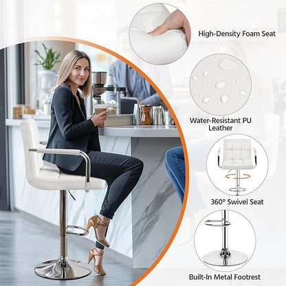 Yaheetech Bar Stools, PU Leather Adjustable Swivel Barstools, Hydraulic Kitchen Counter Height Bar Chairs with Armrest and Back for Bar, Kitchen, Dining Room, White