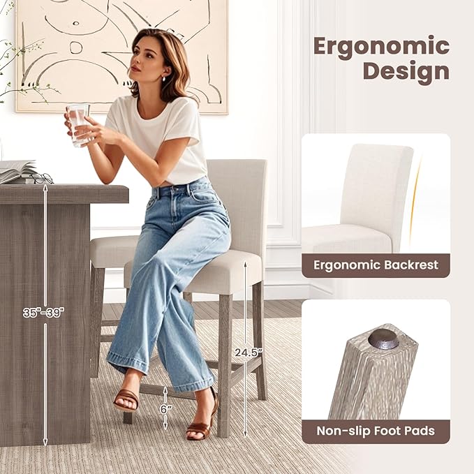 COSTWAY Counter Height Bar Stools Set of 2, 24.5’’ Upholstered Mid Century Modern Island Chairs with Rubber Wood Legs, Wooden Barstools for Kitchen, Dining Room, Bar, Restaurant (Beige)