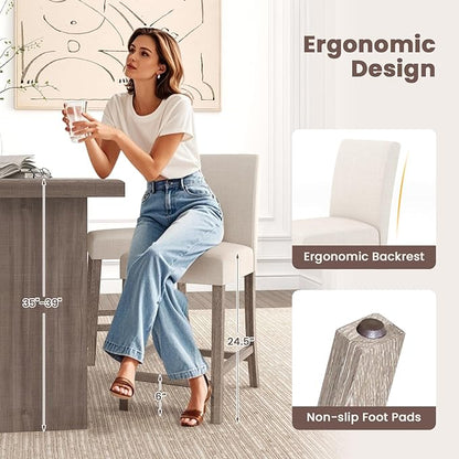 COSTWAY Counter Height Bar Stools Set of 4, 24.5’’ Upholstered Mid Century Modern Island Chairs with Rubber Wood Legs, Wooden Barstools for Kitchen, Dining Room, Bar, Restaurant (Beige)