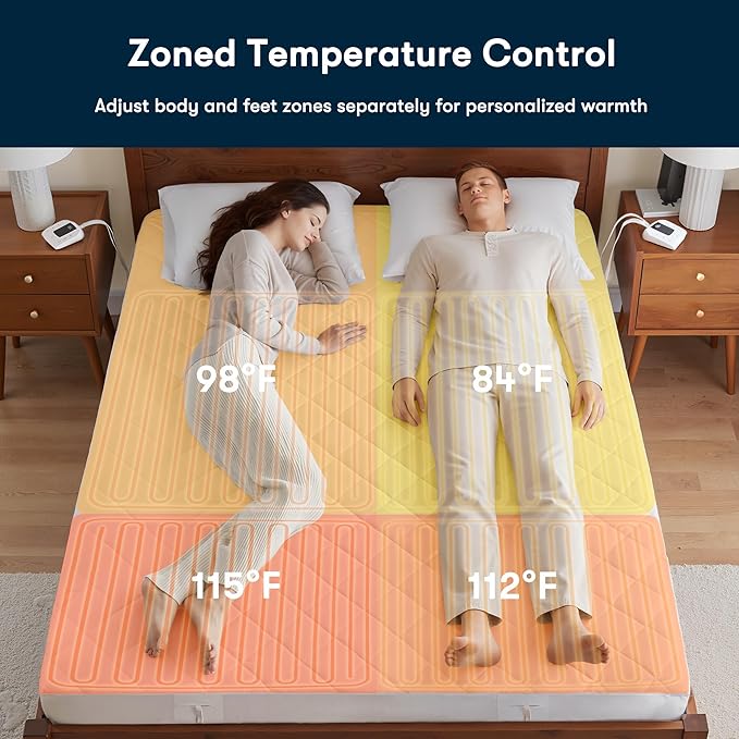 Serta Multi-Zone Heated Mattress Pad – Dual Controllers for Personalized Body & Foot Warmth, 10 Heat Settings, Auto Shut-Off, Soft Microfiber, Machine Washable, 15" Deep Pocket – King Size