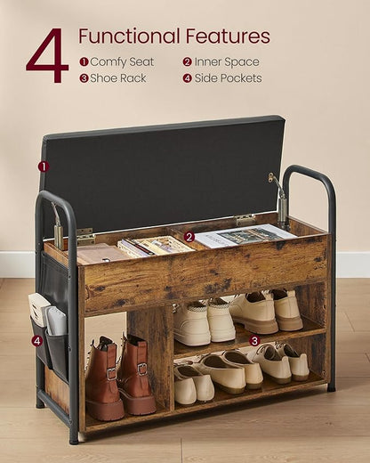 VASAGLE Shoe Bench, Shoe Rack, Entryway Furniture, Inner Storage Under The Lid, PU Pockets, Convenient Handles, for Entryway, Living Room, Bedroom, Rustic Brown and Ink Black ULSB052K01
