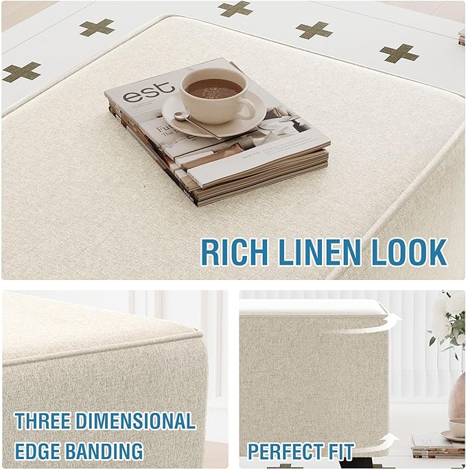 H.VERSAILTEX Thick Ottoman Cover Durable Linen Look Storage Ottoman Slipcover Footrest Stool Covers with Storage Side Pocket for Square Ottoman Fit Length 18"-19" Footrest - Heather Ivory