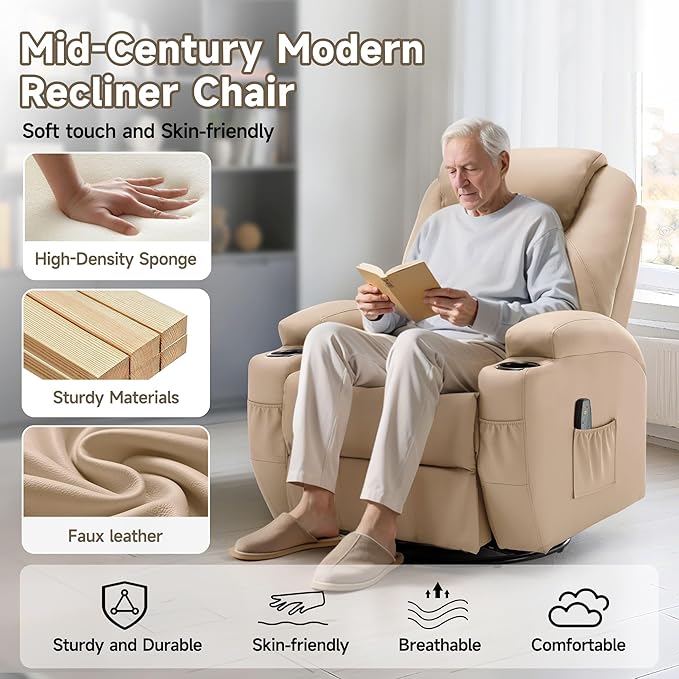 Recliner Chair, Rocking Chair with Massage and Heat, 360° Swivel Recliner Chairs for Adults, Rocker Manual Recliner with Remote Control and Cup Holder for Living Room, Bedroom, Nursery