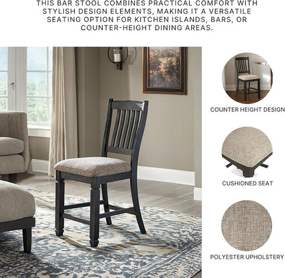Signature Design by Ashley Tyler Creek Farmhouse 24.38" Counter Height Upholstered Barstool, Set of 2, Almost Black