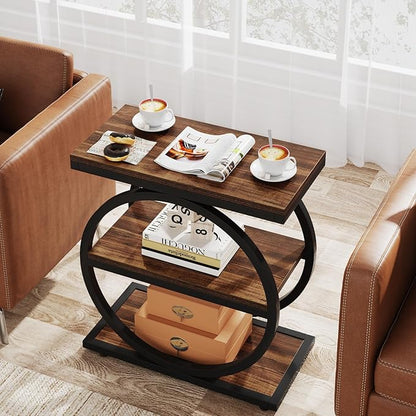 LITTLE TREE 3-Tier End Table Set of 2, Industrial Side Table with Storage Shelves, Small Sofa Side Table for Living Room, Wooden Side End Table with Round Metal Legs, Slim Nightstand and Bedside Table