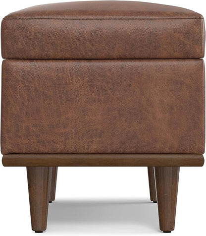 SIMPLIHOME Shiloh 26 inch Wide Transitional Contemporary Small Storage Ottoman in Distressed Saddle Brown Vegan Faux Leather, Assembled, for The Living Room, Entryway and Family Room