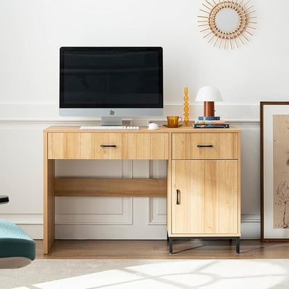 Farmhouse 47" Executive Desk, Home Office Desk with File Drawer and Power Outlet, Computer Desk with 2 Drawers and 1 Storage Cabinet, Workstation for Office Home (Natural Oak)