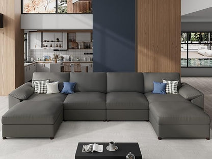 EASE MOOSE Leather Sectional Couch, Oversized Modular Sectional Sofas, Wide Deep Seat Modular Couch, Scratch Resistant Faux Leather Material, U Shaped Sofa for Big Spaces,Grey