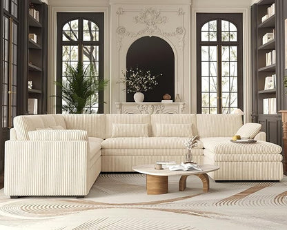 Belffin Large Modular Sectional Sofa with Deep Chaise, Corduroy U Shaped Couch with 9" Soft Dual-Layer 7 Seats Cushion for Living Room, Apartment, Beige