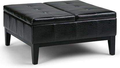 SIMPLIHOME Dover 36 inch Wide Contemporary Square Coffee Table Storage Ottoman in Midnight Black Vegan Faux Leather, Assembled, For the Living Room and Bedroom