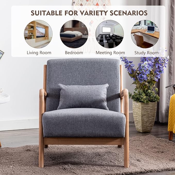 ANJHOME Mid Century Modern Accent Chair, Single Fabric Lounge Reading Armchair with Solid Wood Frame, Easy Assembly Arm Chairs for Living Room, Grey