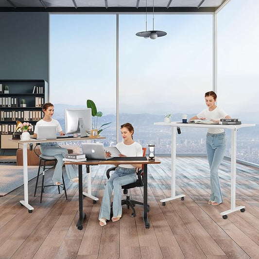 Electric Adjustable Standing Desk with Wheels, 63'' x 24''Sit Stand Desk with Dual Crossbeam and Mouse Pad, 27''-46'' Lifting Range Stand up Table with Ergonomic Arc Desktop (White Arc)