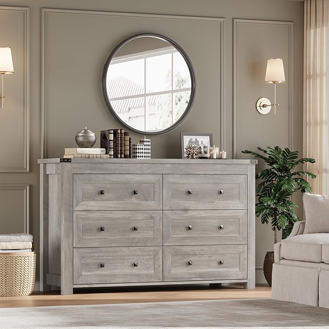 6-Drawer Dresser, Modern Wooden Storage Chest of Drawers, Dresser TV Stand, Wood Drawer Organizer with Metal Handles for Bedroom, Living Room, Hallway