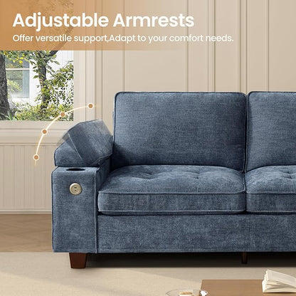 84" Loveseat for Living Room,Modern Chenille Upholstered 2-Seater Loveseat Couch for Apartment,Solid Wood Sofa with Adjustable Storage Armrest,Cup Holders,USB & Type-C Ports(Blue)