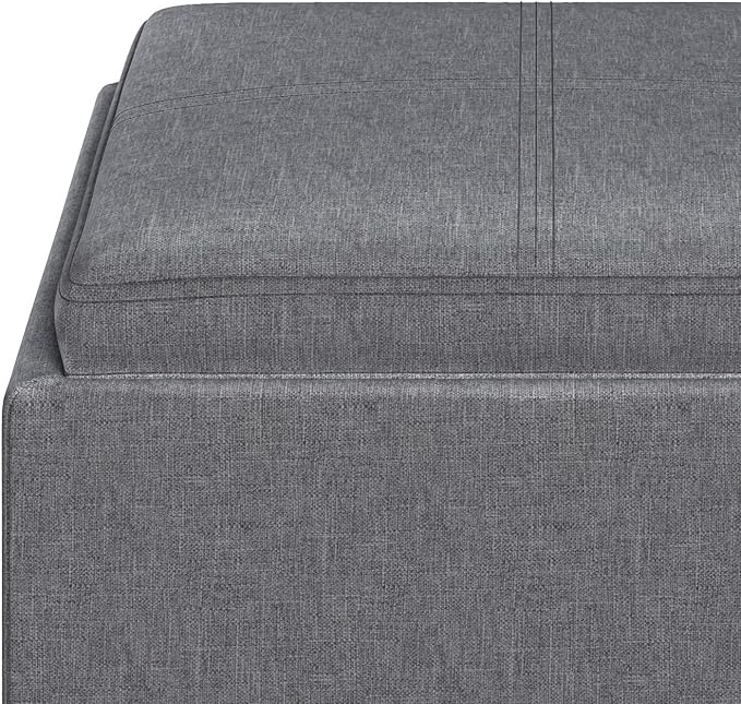 SIMPLIHOME Rockwood 18 inch Wide Contemporary Square Cube Storage Ottoman with Tray in Slate Grey Linen Look Fabric, Assembled, For the Living Room, Entryway and Family Room