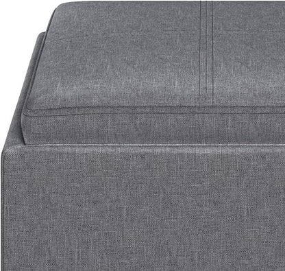 SIMPLIHOME Rockwood 18 inch Wide Contemporary Square Cube Storage Ottoman with Tray in Slate Grey Linen Look Fabric, Assembled, For the Living Room, Entryway and Family Room