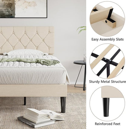 VECELO Twin Size Bed Frame with Button Tufted Headboard, Upholstered Platform Bedframe with Wood Slat Support, No Box Spring Needed, Cream Beige