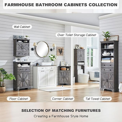 ACCOHOHO Bathroom Storage Cabinet, 72" Tall Farmhouse Storage Cabinet with 2 Drawers, Adjustable Shelves & Barn Door, Cabinet for Bathroom, Living Room, Kitchen, Grey Wash