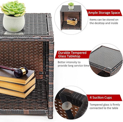 COSTWAY 3 Pieces Patio Furniture Sets, Outdoor Rattan Conversation Set with Tempered Glass Tabletop and Soft Cushion, Wicker Cushioned Chair Sofa for Backyard, Porch, Poolside, Lawn, Red