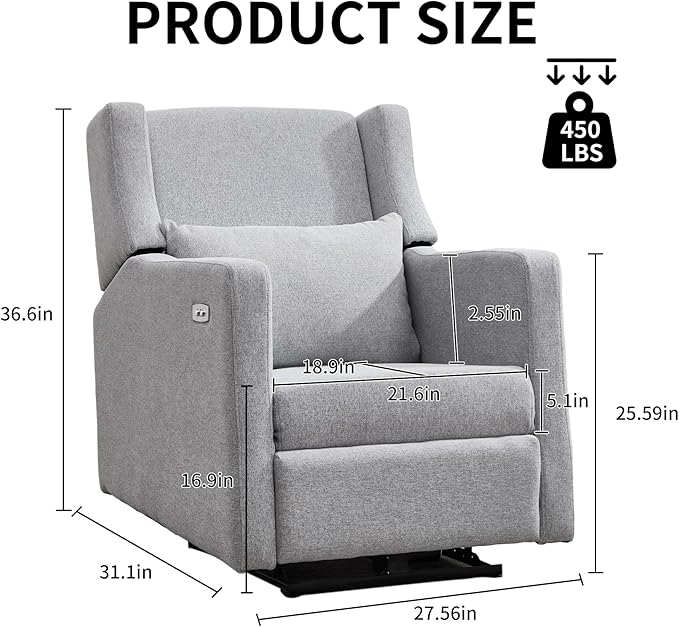 Power Recliner Chair for Adults, Adjustable Home Theater Seating with USB for Living Room, Modern Fabric Reclining - Light Grey