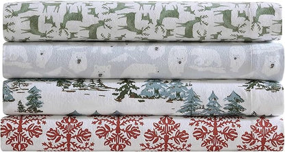 Eddie Bauer - Flannel Sheets Full Size, Anti-Pilling & Wrinkle Resistant Cotton, Touchably Soft for All-Season Comfort - Bed Sheets with Matching Pillowcases & Fitted Sheet (Snowy Pine Trees Green)