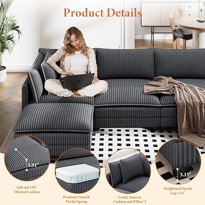 Vesgantti 143" L Shaped Modular Sectional Couch, Comfy Corduroy Upholstered Cloud Couches for Living Room, Modern 3 Seater Sofa with Movable Ottoman & Throw Pillows, Charcoal Grey