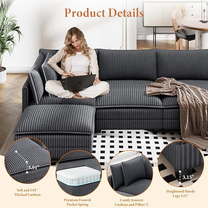 Vesgantti 143" L Shaped Modular Sectional Couch, Comfy Corduroy Upholstered Cloud Couches for Living Room, Modern 3 Seater Sofa with Movable Ottoman & Throw Pillows, Charcoal Grey