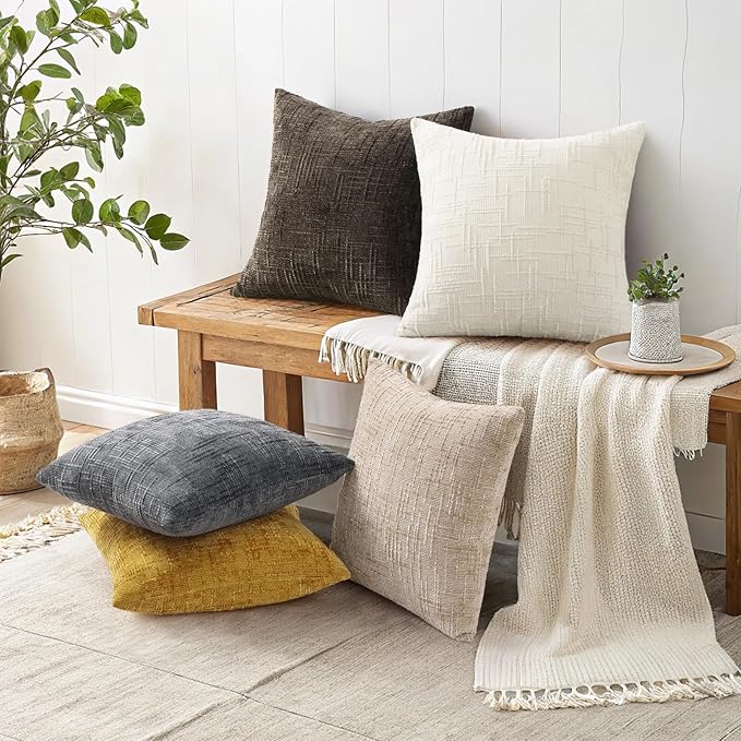 decorUhome Mustard Yellow Chenille Throw Pillow Covers 16x16 Set of 2 Thick Textured Slubby Couch Pillow Covers Farmhouse Accent Modern Neutral Decorative Pillow Cases for Bed Sofa Living Room