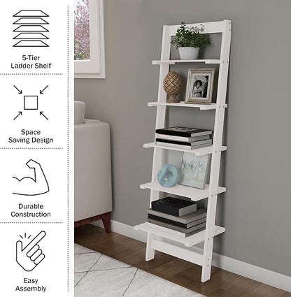 5-Tier Ladder Shelf - 50-Inch Narrow Leaning Bookshelf - Wooden Bookcase for Living Room, Bathroom, Kitchen, Office, or Bedroom Furniture by Lavish Home (White)