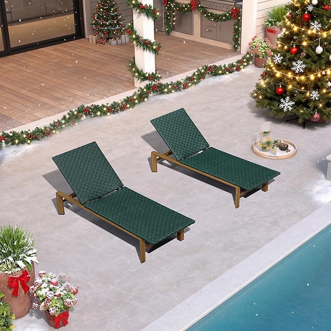 PURPLE LEAF Patio Oversized Chaise Lounge Rattan Chair Set of 2 Outdoor Pool Adjustable Recliner Wicker Chairs for Outside Woven Furniture Tanning Poolside Lounger Forest Green