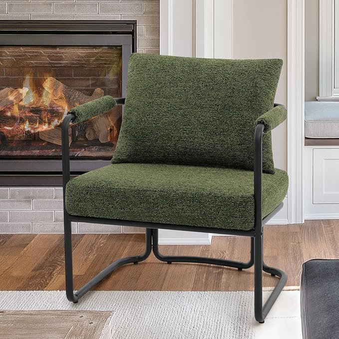Single Accent Chair for Living Room, Mid Century Modern Upholstered Reading Armchair for Bedroom, Office, with Comfy Chenille Cushion Back & Metal Frame, Green