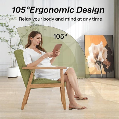 Modern Accent Chair with Wooden Table, Upholstered Linen Fabric Leisure Chair Comfy Side Chair with Backrest Button and Arm Rest for Living Room Bedroom Reading(Green)