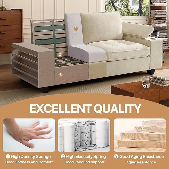 74" Loveseat Couch for Living Room, Modern Chenille Upholstered Sofa with Adjustable Armrest,Storage,Cup Holders,USB & Type-C Ports,Solid Wood 2-Seater Loveseat Sofa for Apartment(Beige)