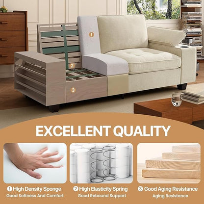 74" Loveseat Couch for Living Room, Modern Chenille Upholstered Sofa with Adjustable Armrest,Storage,Cup Holders,USB & Type-C Ports,Solid Wood 2-Seater Loveseat Sofa for Apartment(Beige)