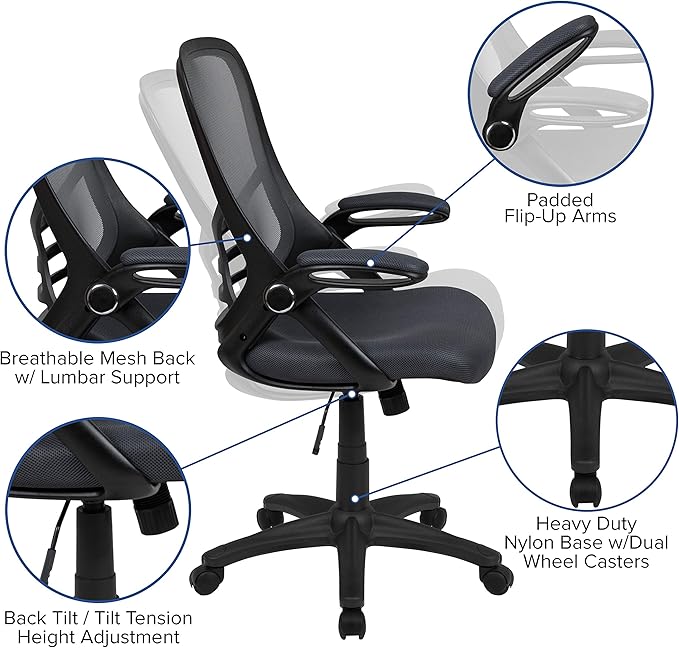 Flash Furniture Porter High-Back Swivel Office Chair with Adjustable Lumbar Support and Seat Height, Ergonomic Mesh Desk Chair with Flip-Up Armrests, Black