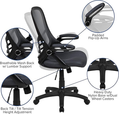 Flash Furniture Porter High-Back Swivel Office Chair with Adjustable Lumbar Support and Seat Height, Ergonomic Mesh Desk Chair with Flip-Up Armrests, Black
