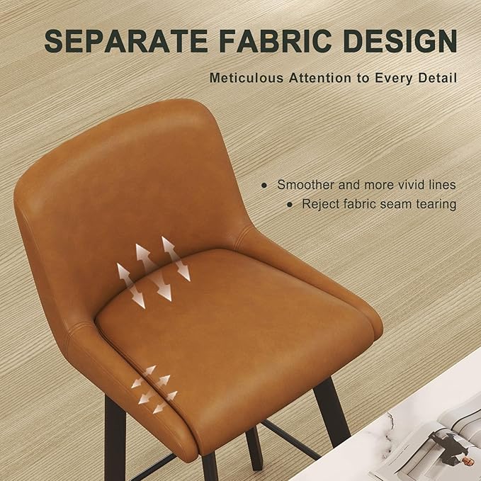 Swivel Counter Height Bar Stools Set of 3, 26''H Upholstered Barstools with Backs, Modern Bar Stool Chairs for Kitchen Island, Metal Legs, Faux Leather, Whiskey Brown Stools Counter Chair